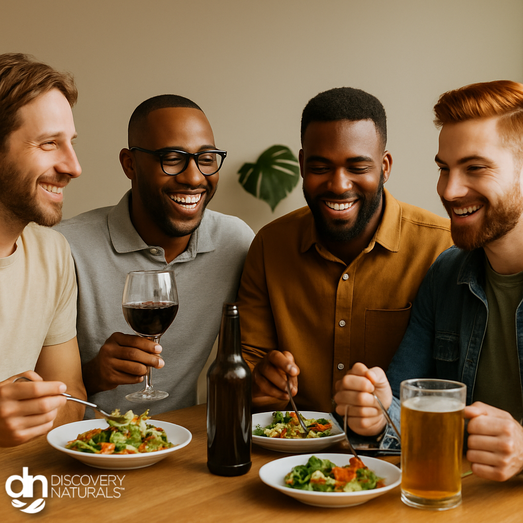 A group of men eating with hair color dyed by Henna King.