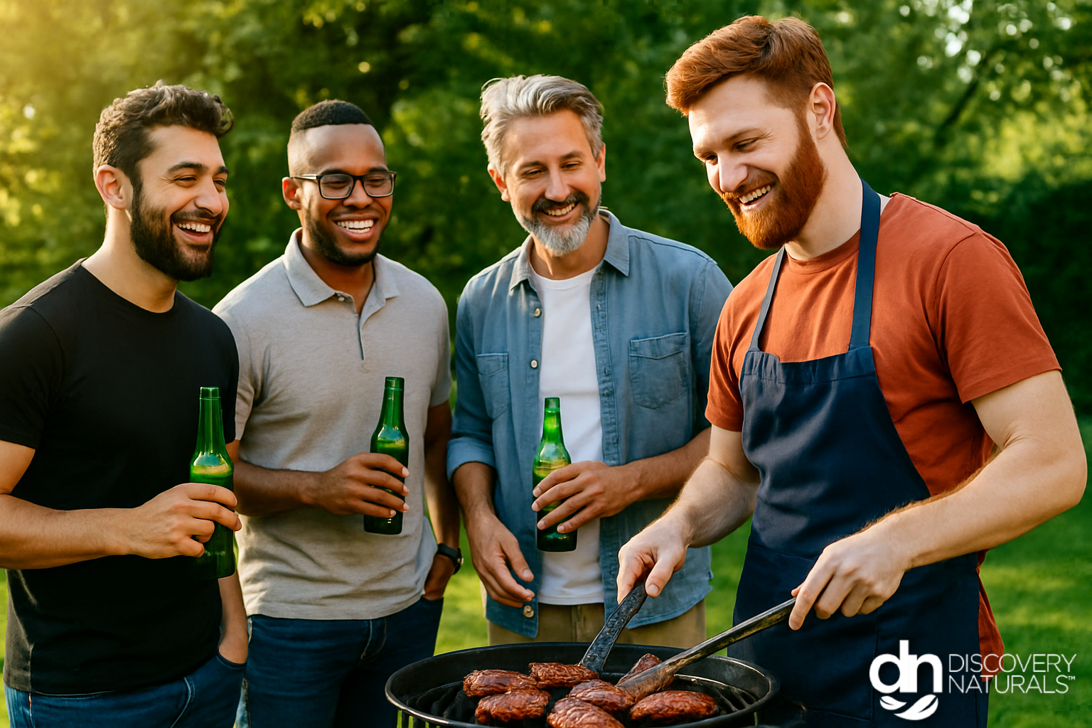 A group of men grilling and drinking with hair color dyed by Henna King.