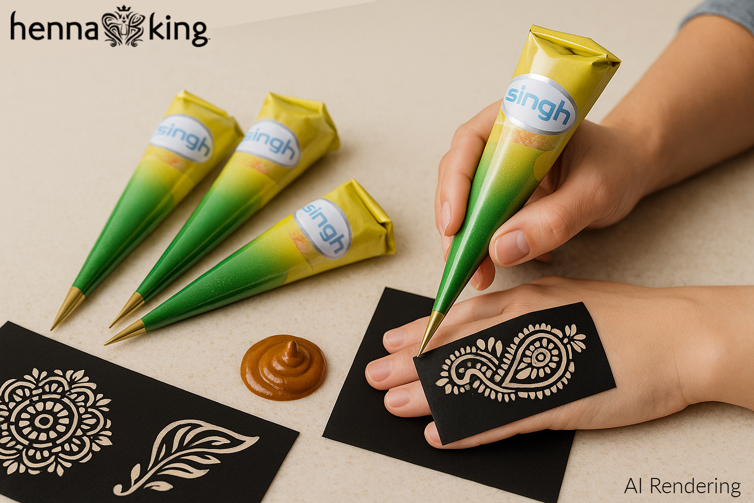Henna cones and stencil applied to hand from Henna King.
