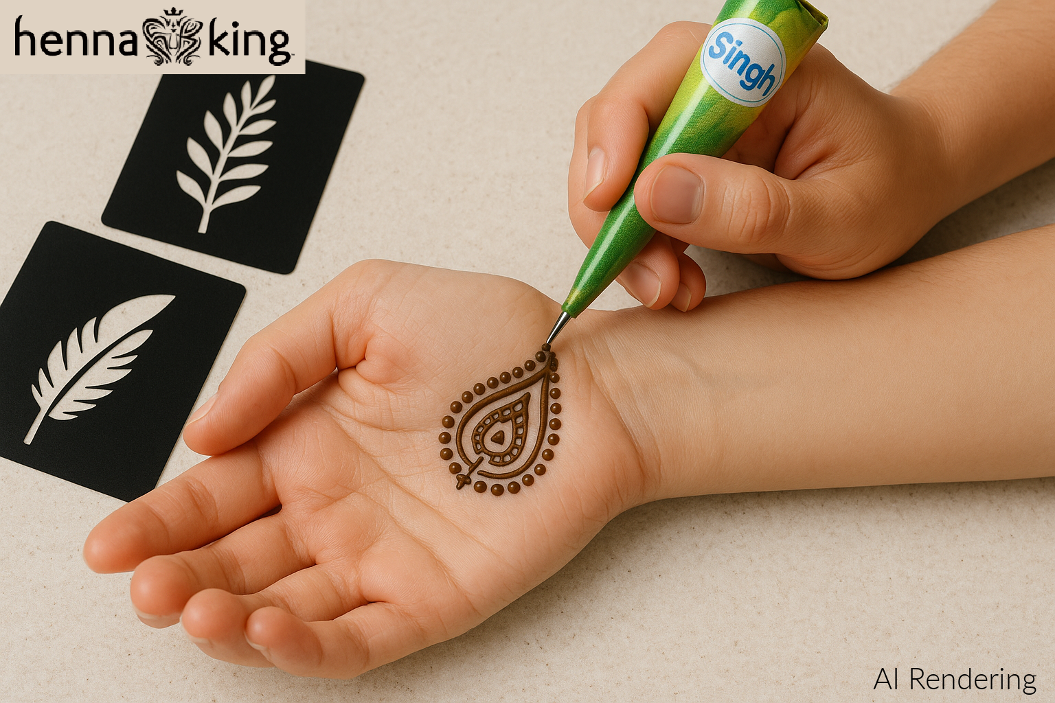Henna cones and stencil applied to the palm from Henna King.