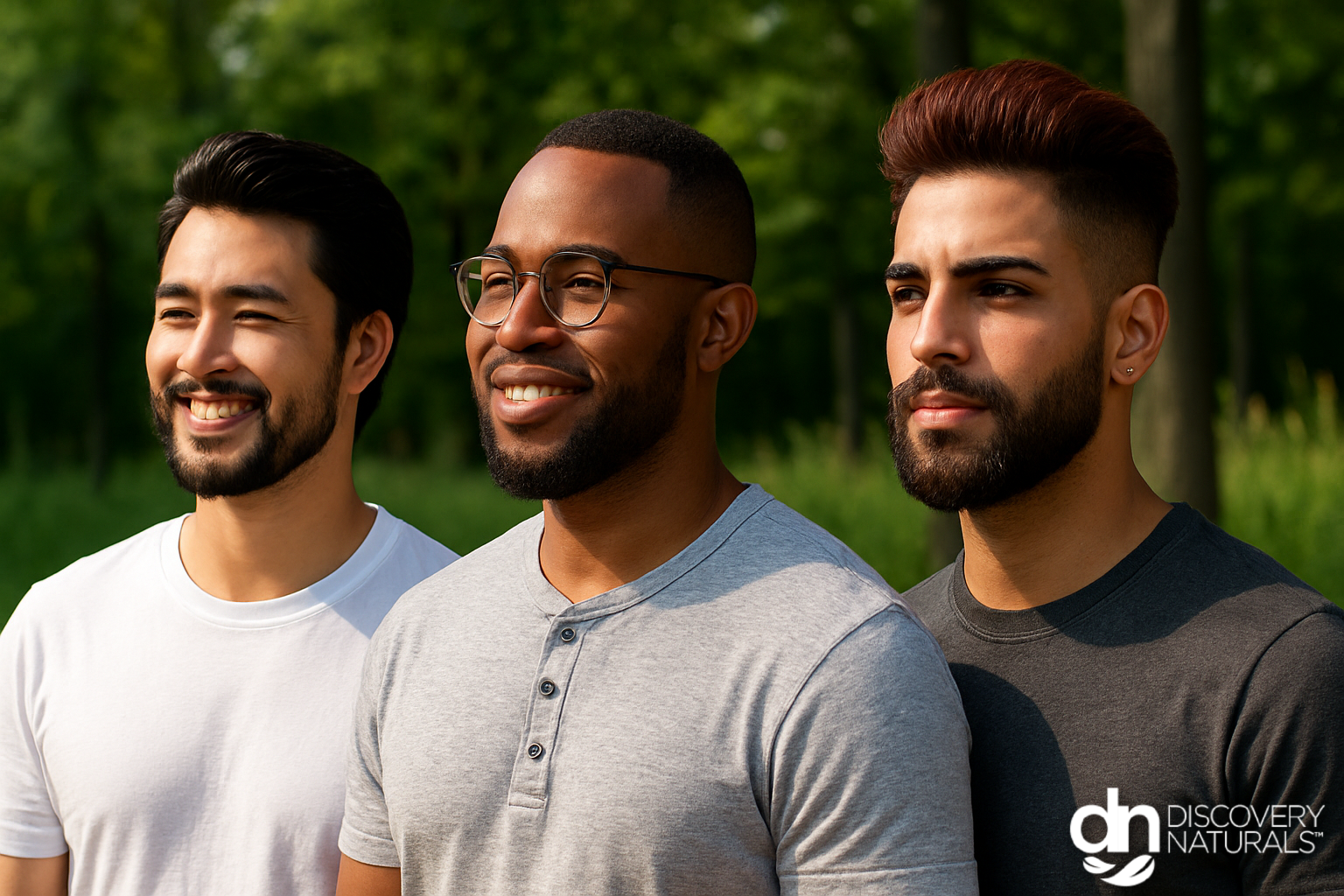 A group of men with natural black, brown, and mahogany hair color by Henna King.