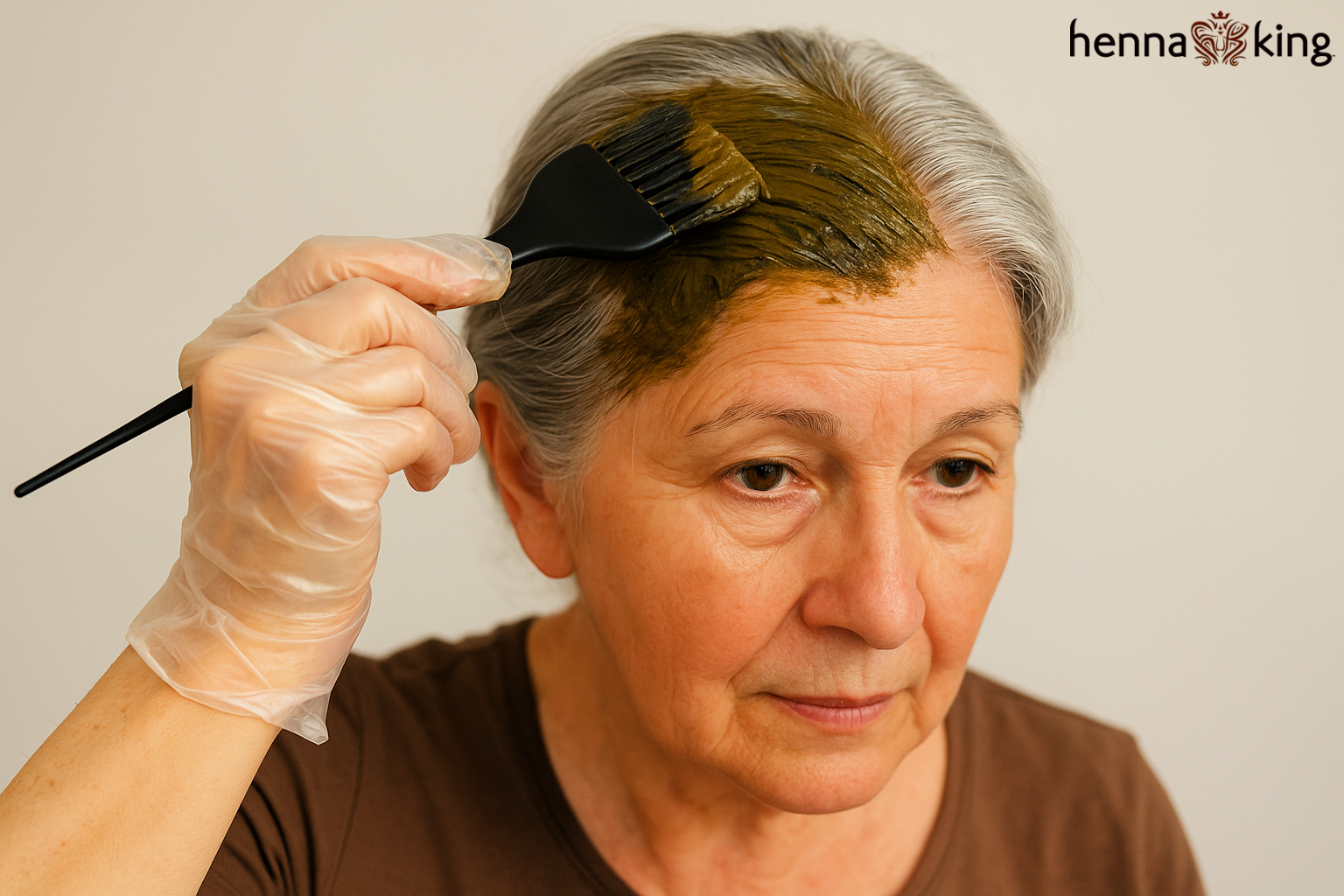 An older woman with gray hair dying her hair with Henna King natural hair coloring.