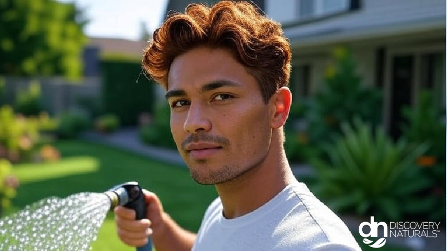 A man water the lawn with dark red hair colored by Henna King.