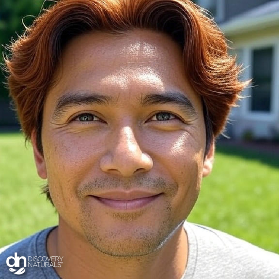 A close-up with dark red hair colored by Henna King.