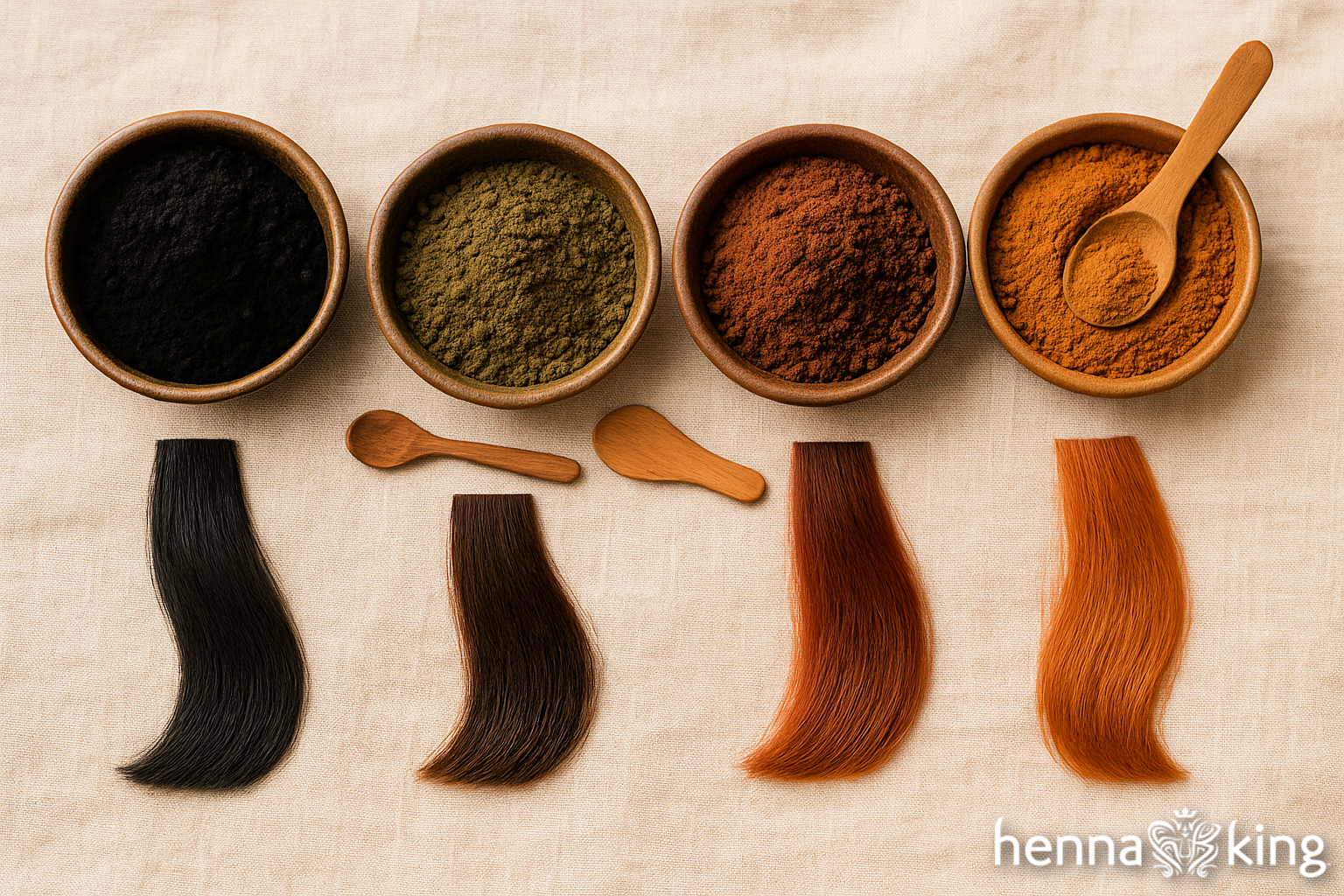 Bowls of henna and hair swatches from Henna King.