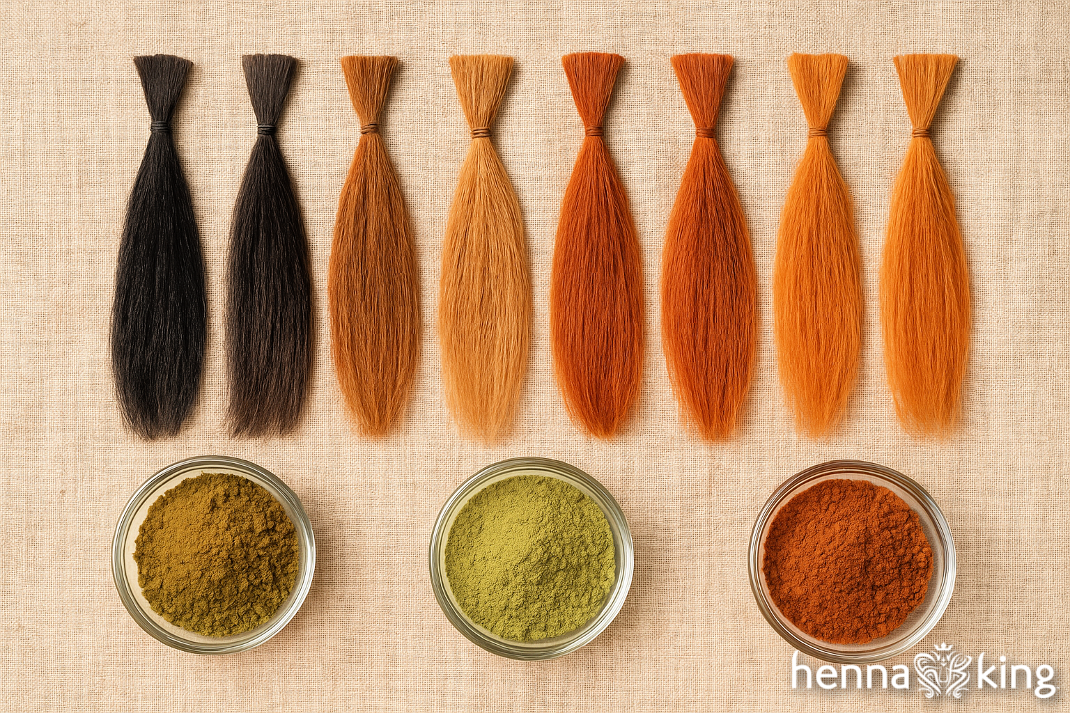 hair color swatches and bowls of henna powder from Henna King