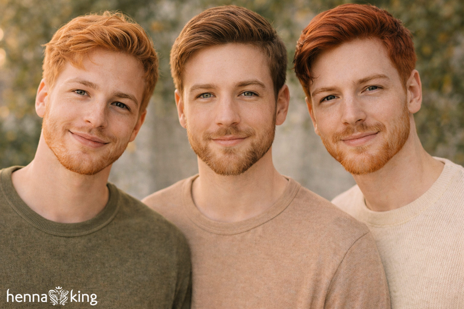 Three men with light brown, dark brown, and red hair color from Henna King.