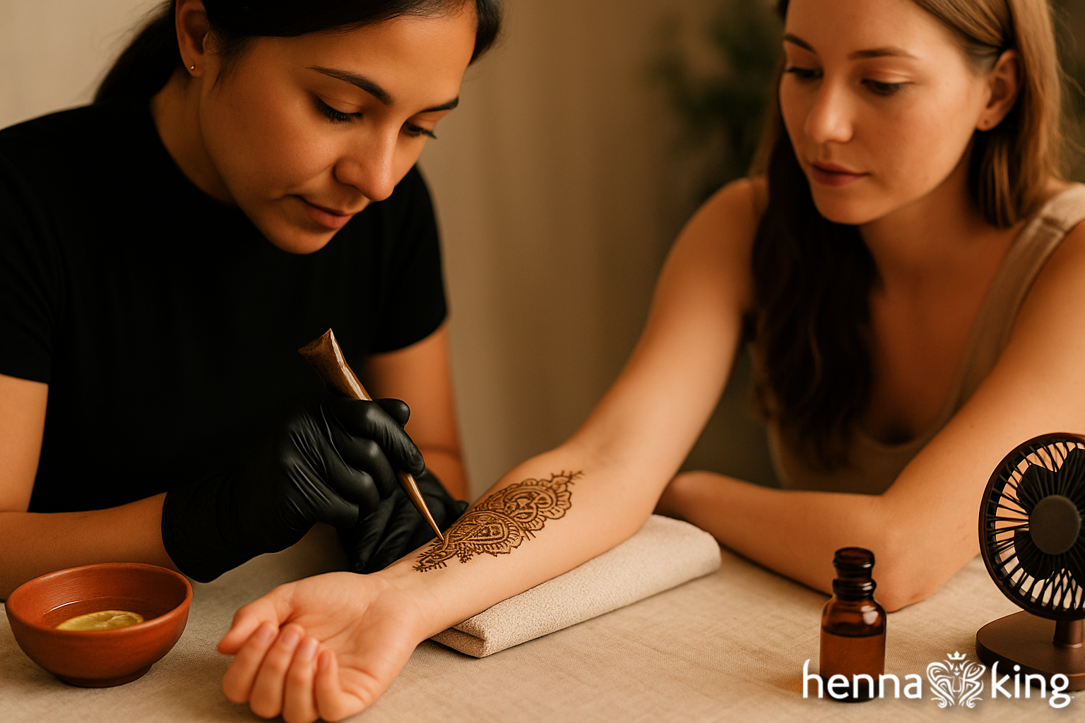 A woman applying a henna tattoo to another woman by Henna King.