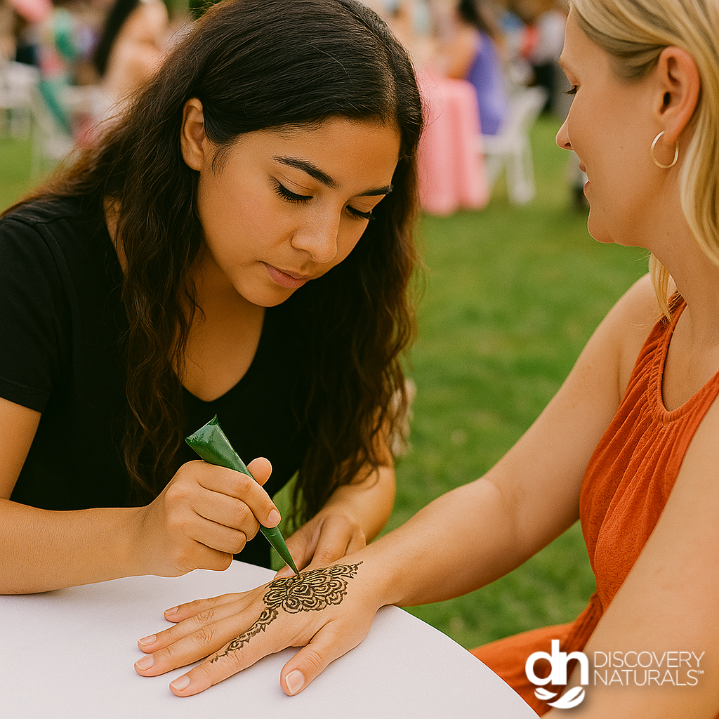 Henna tattoo artist at an event by Henna King.