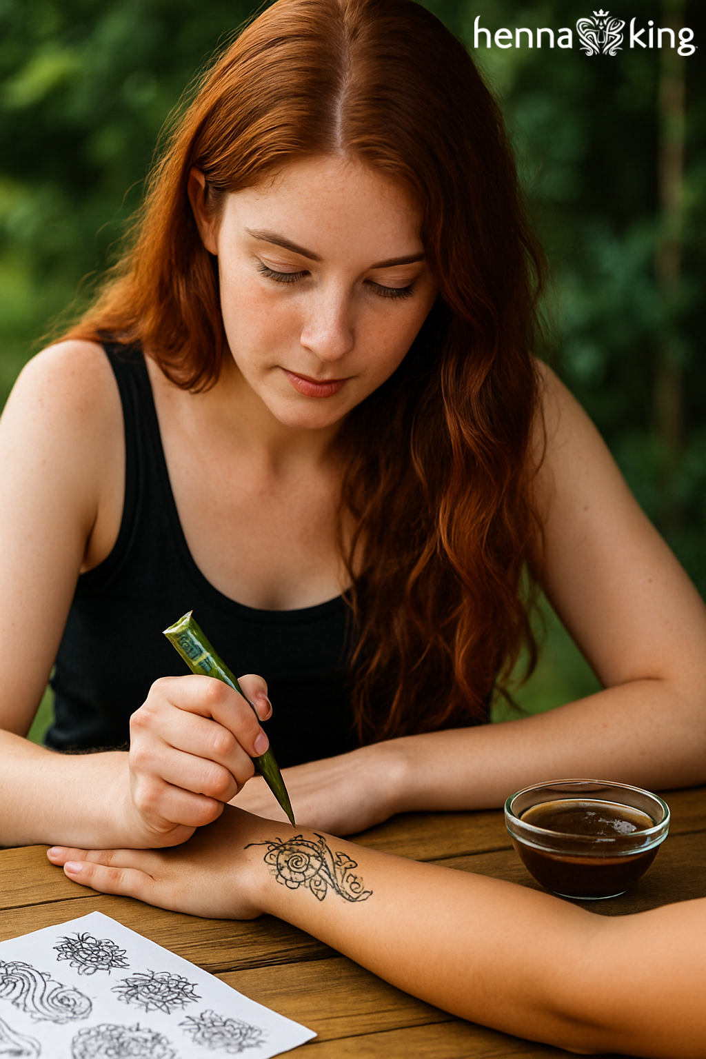 A young woman applying a henna tattoo from Henna King to a friends arm.