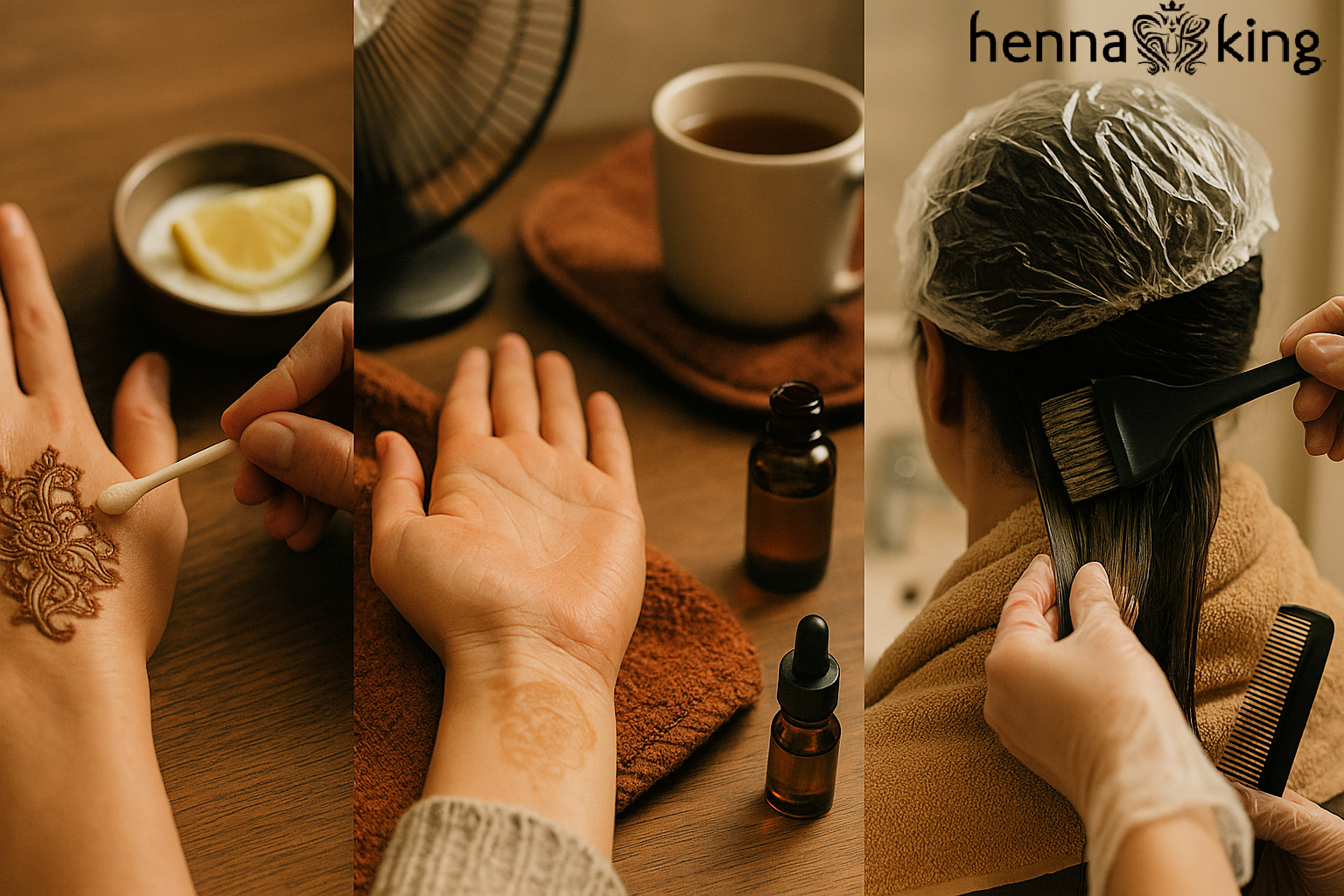 A hand with henna tattoo and woman with henna hair dye doing drying process by Henna King.