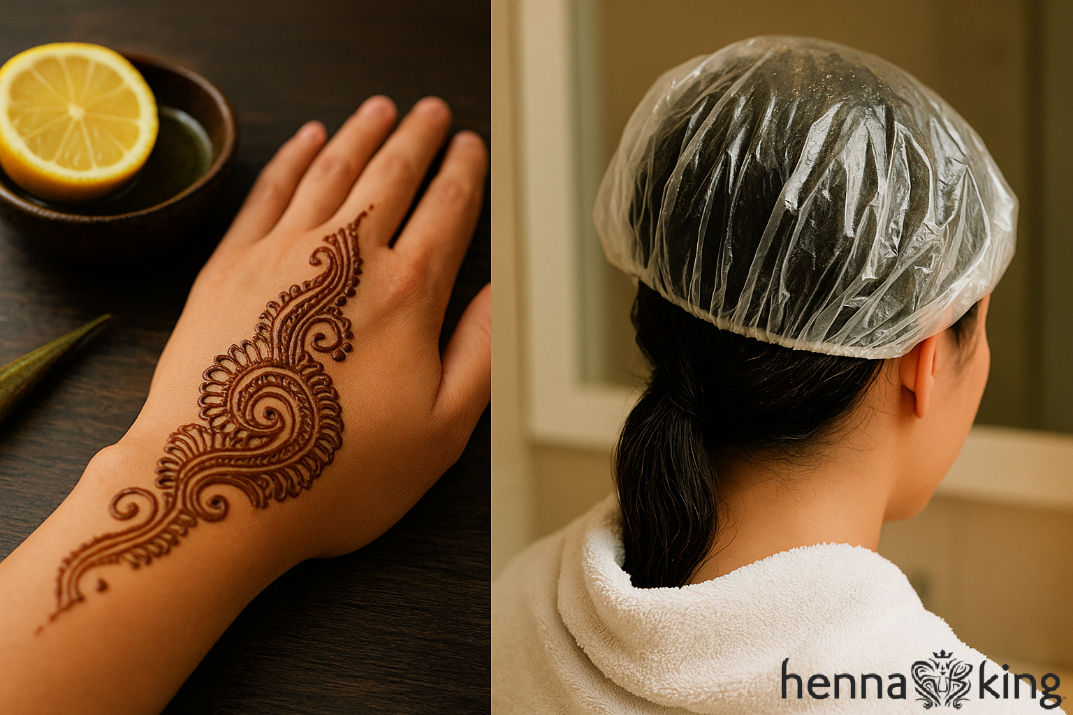 A hand with henna tattoo and woman with henna hair dye doing drying process by Henna King.