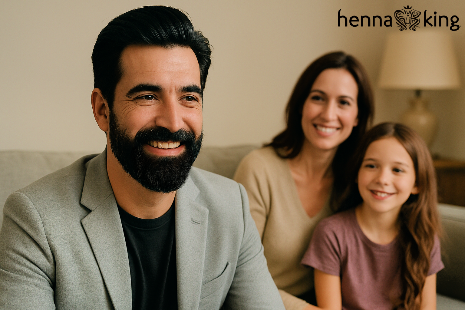 A family and a man showing his natural black beard and hair dyed by Henna King.