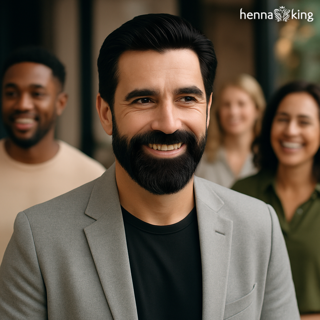A middle aged man with natural black hair and beard dyed by Henna King.