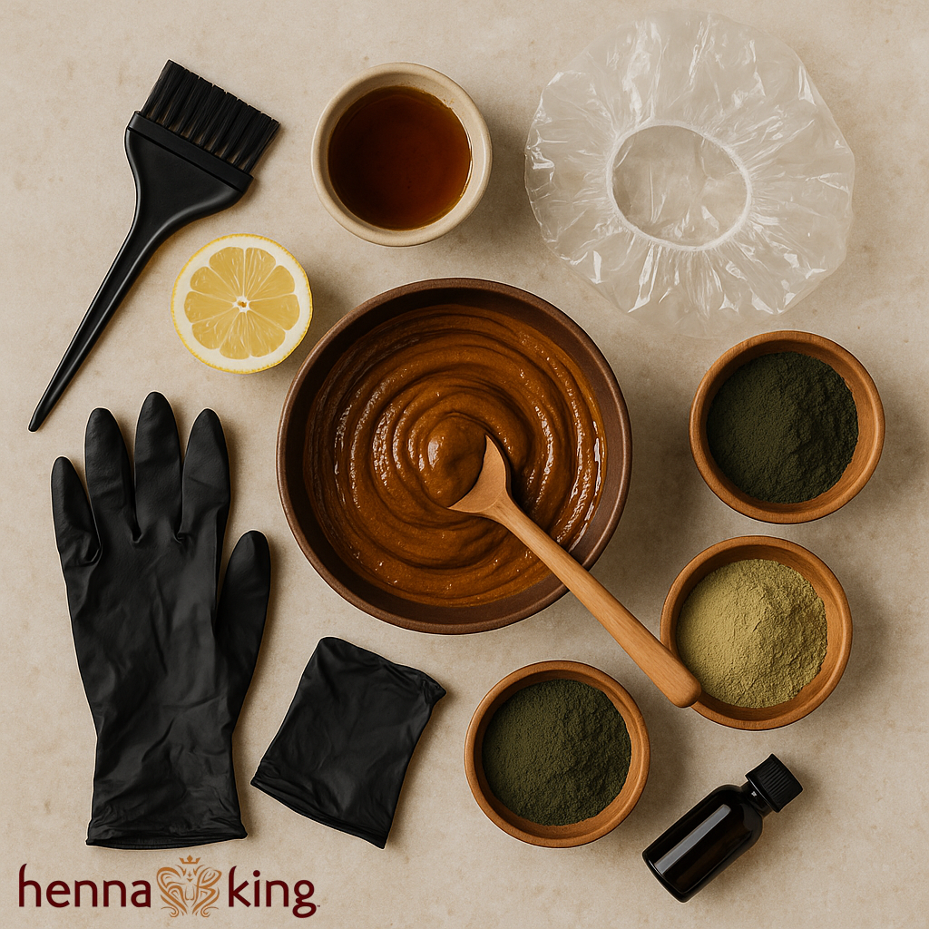 A bowl of Henna King natural hair dye and tools.