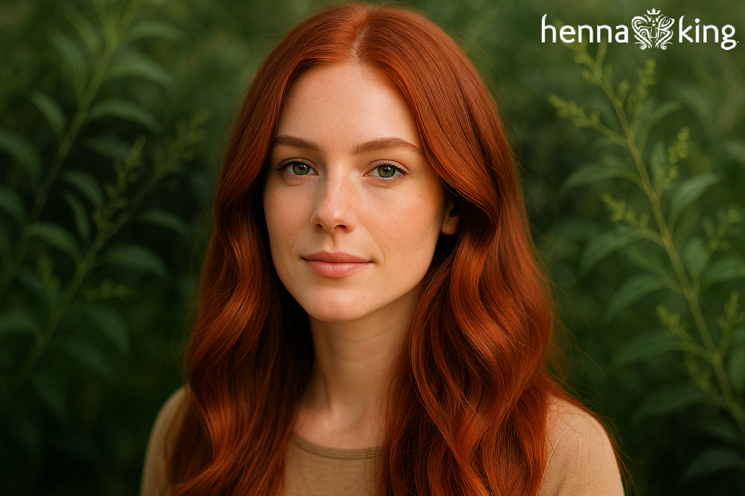 A beautiful woman with natural red hair dyed by Henna King.