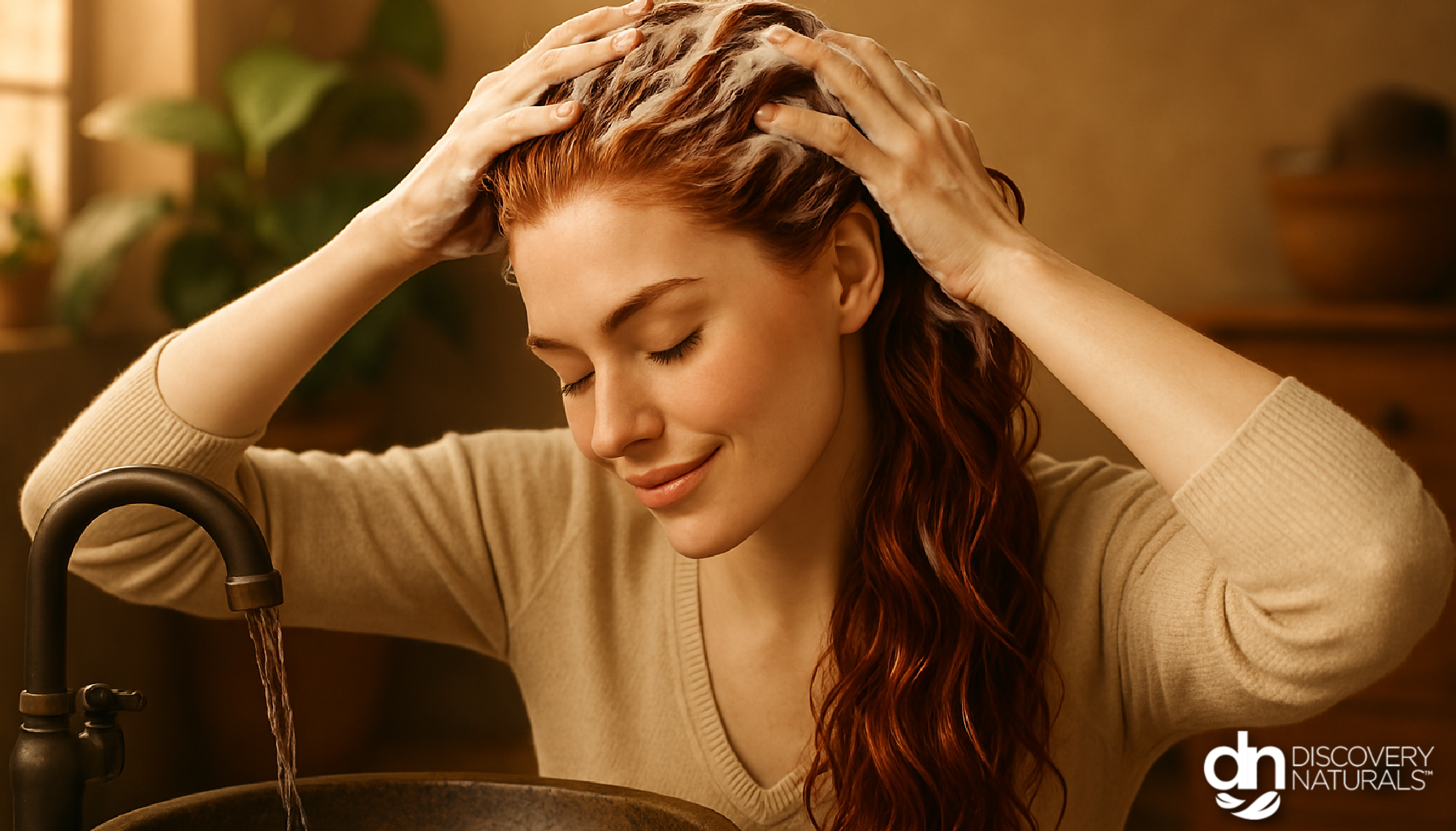 A beautiful woman washing her hair over a circle sink.