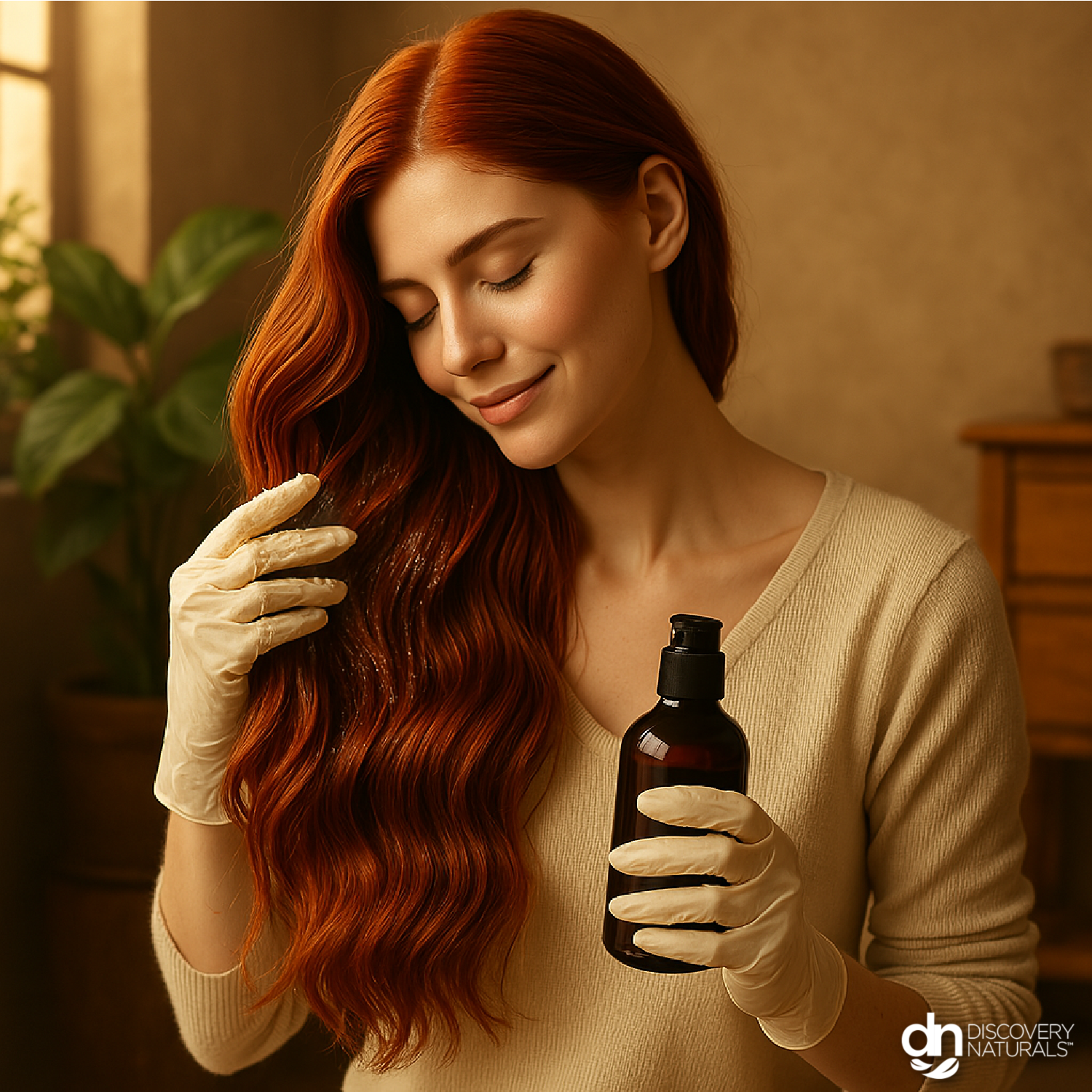 A beautiful woman applying a hair treatment.