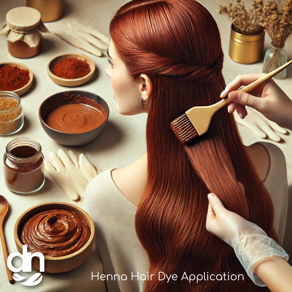 Woman applying natural henna hair dye at home for vibrant and healthy hair.