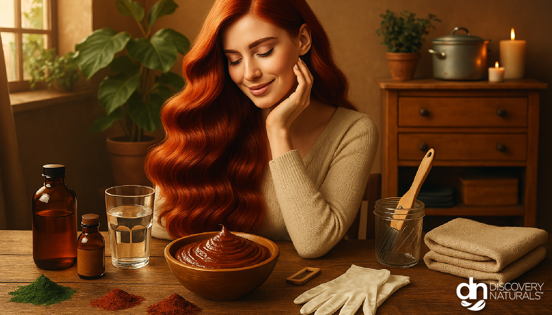 A beautiful woman with red hair sitting at a table with henna hair dye application supplies.