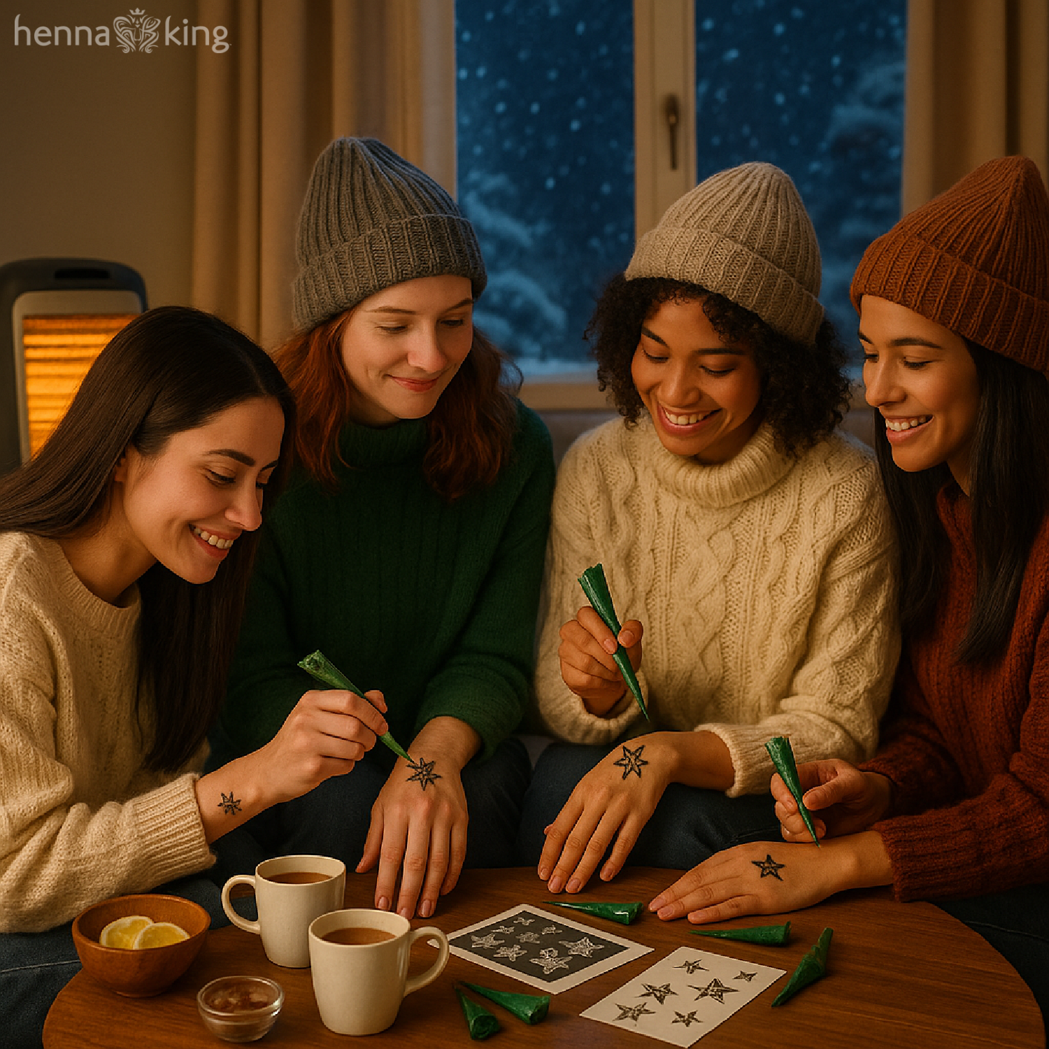 A group of woman applying winter henna tattoos from Henna King.